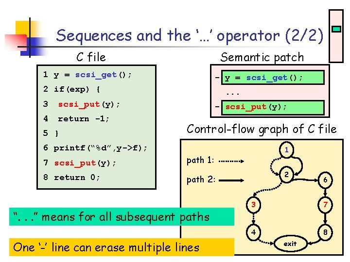 Sequences and the ‘…’ operator (2/2) C file Semantic patch 1 y = scsi_get();