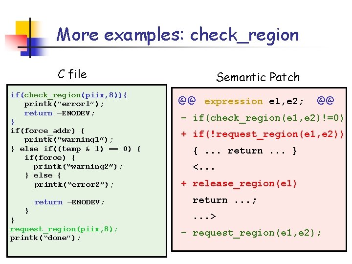 More examples: check_region C file if(check_region(piix, 8)){ printk(“error 1”); return –ENODEV; } if(force_addr) {