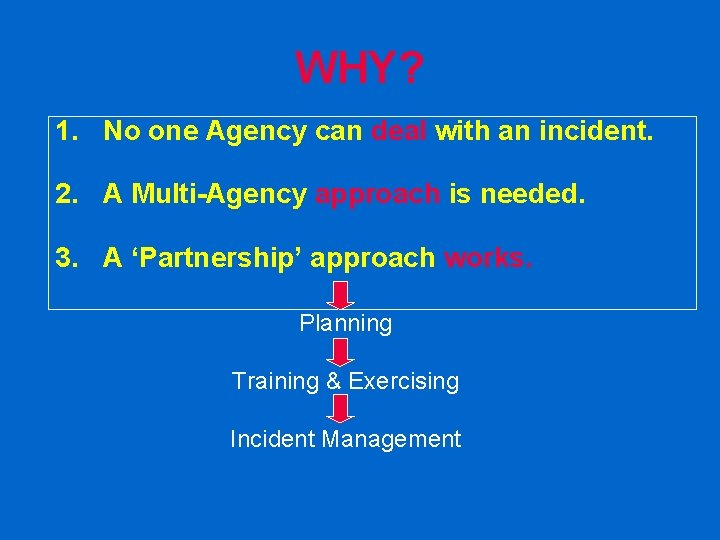 WHY? 1. No one Agency can deal with an incident. 2. A Multi-Agency approach