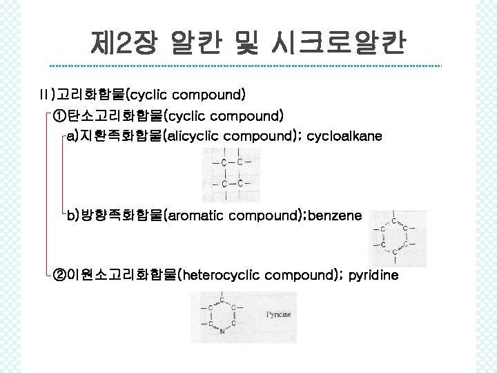 제 2장 알칸 및 시크로알칸 ⅱ)고리화합물(cyclic compound) ①탄소고리화합물(cyclic compound) a)지환족화합물(alicyclic compound); cycloalkane b)방향족화합물(aromatic compound);