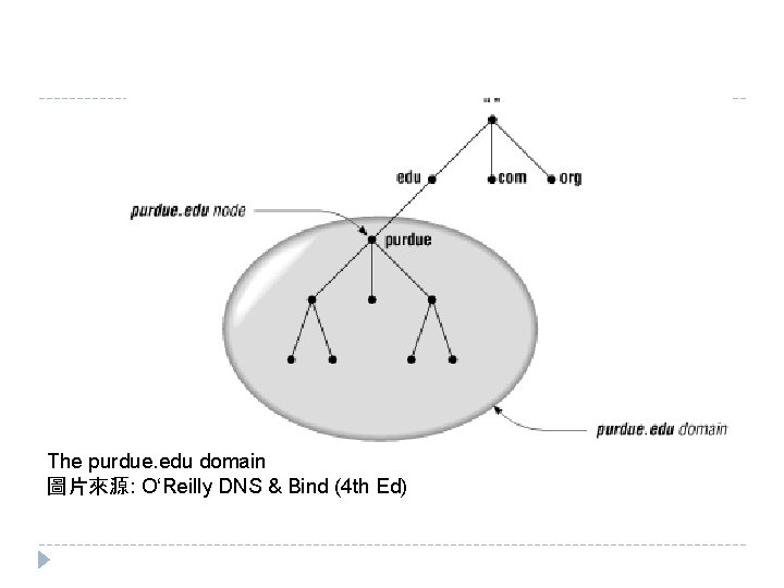 The purdue. edu domain 圖片來源: O‘Reilly DNS & Bind (4 th Ed) The purdue. edu domain 圖片來源: O‘Reilly DNS & Bind (4 th Ed)