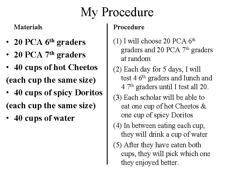 My Procedure Materials • 20 PCA 6 th graders • 20 PCA 7 th