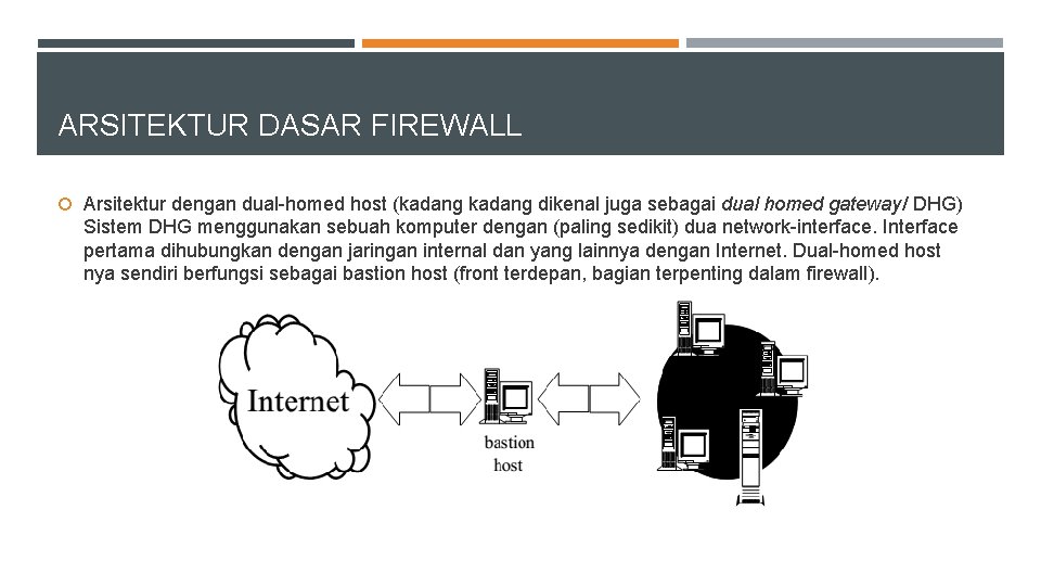 ARSITEKTUR DASAR FIREWALL Arsitektur dengan dual-homed host (kadang dikenal juga sebagai dual homed gateway/