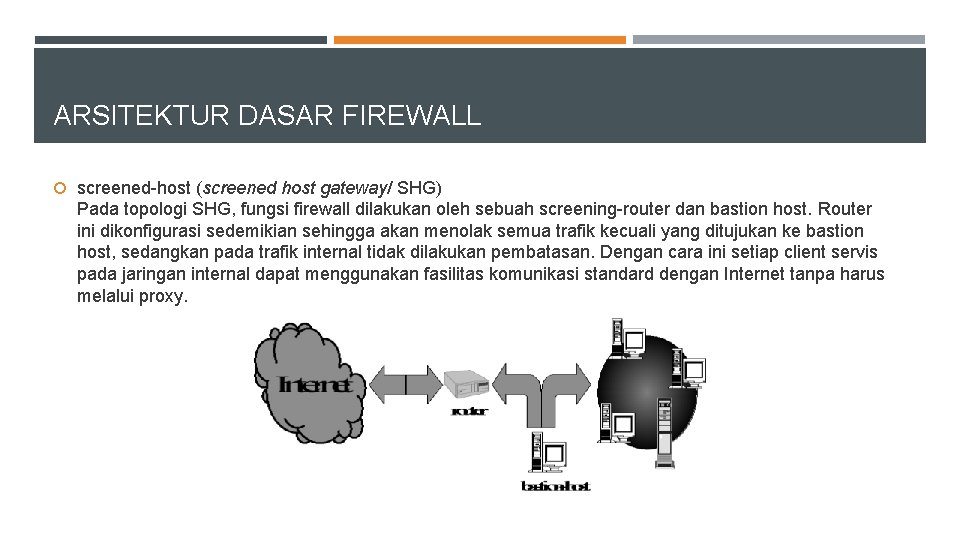 ARSITEKTUR DASAR FIREWALL screened-host (screened host gateway/ SHG) Pada topologi SHG, fungsi firewall dilakukan