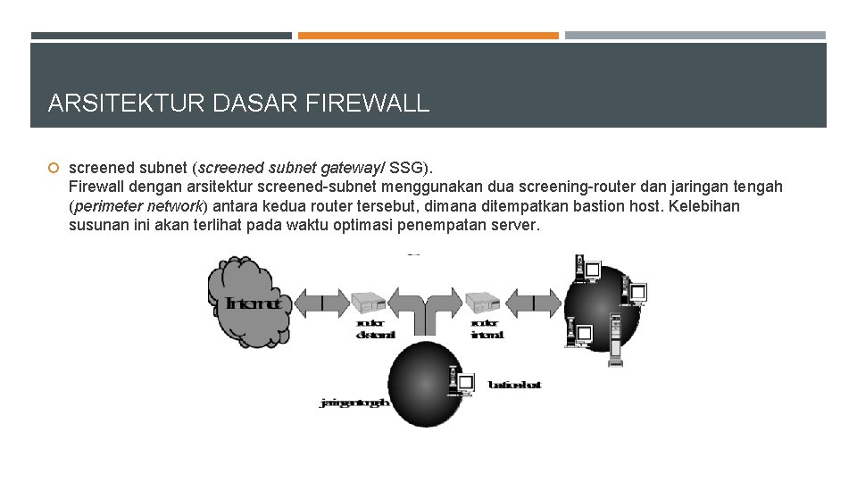 ARSITEKTUR DASAR FIREWALL screened subnet (screened subnet gateway/ SSG). Firewall dengan arsitektur screened-subnet menggunakan