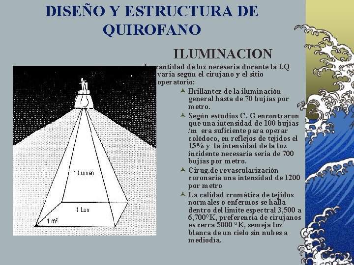 DISEÑO Y ESTRUCTURA DE QUIROFANO ILUMINACION La cantidad de luz necesaria durante la I.