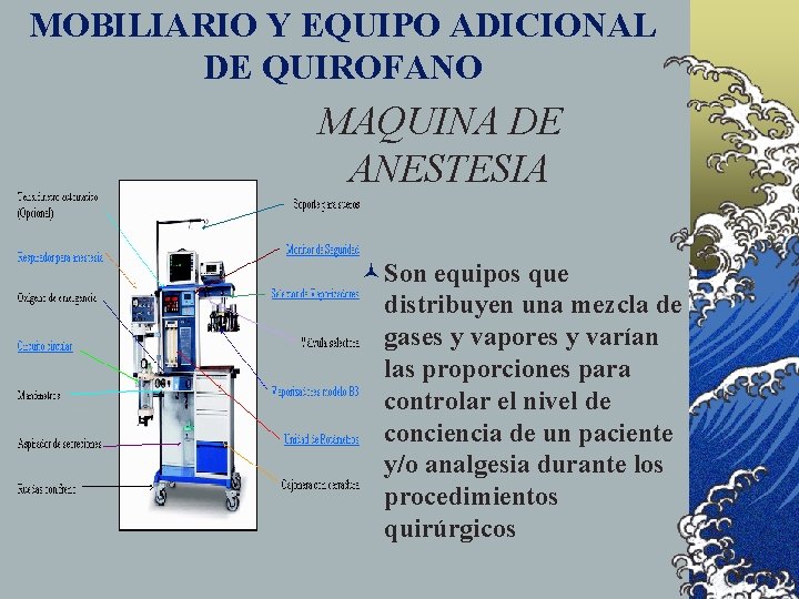 MOBILIARIO Y EQUIPO ADICIONAL DE QUIROFANO MAQUINA DE ANESTESIA ©Son equipos que distribuyen una