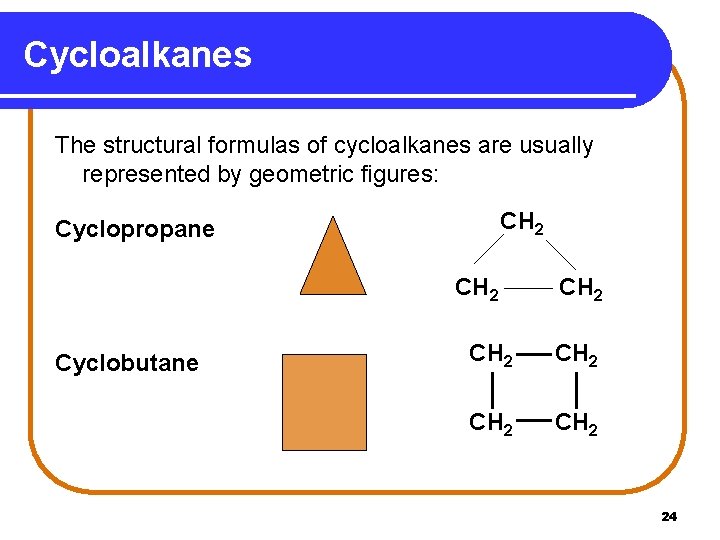Cycloalkanes The structural formulas of cycloalkanes are usually represented by geometric figures: CH 2
