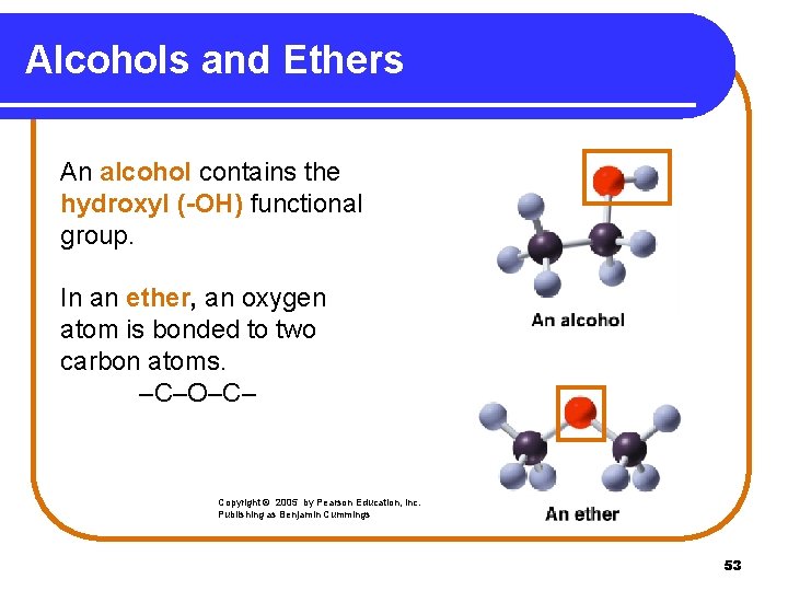 Alcohols and Ethers An alcohol contains the hydroxyl (-OH) functional group. In an ether,