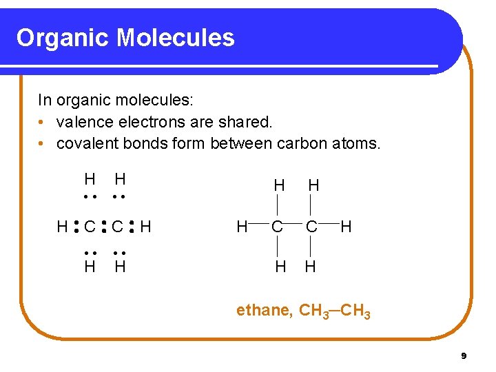 Organic Molecules In organic molecules: • valence electrons are shared. • covalent bonds form