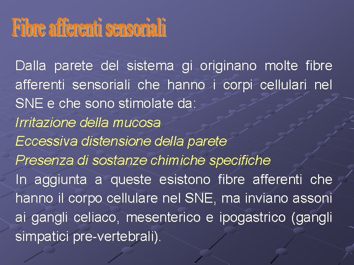 Dalla parete del sistema gi originano molte fibre afferenti sensoriali che hanno i corpi