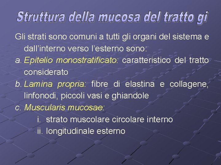 Gli strati sono comuni a tutti gli organi del sistema e dall’interno verso l’esterno