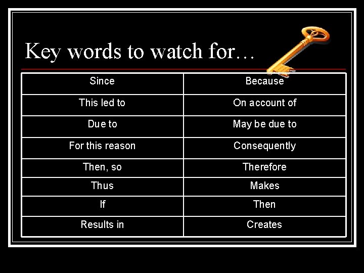 Key words to watch for… Since Because This led to On account of Due