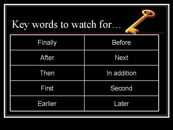 Key words to watch for… Finally Before After Next Then In addition First Second