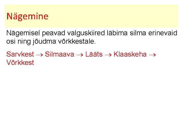 Nägemine Nägemisel peavad valguskiired läbima silma erinevaid osi ning jõudma võrkkestale. Sarvkest Silmaava Lääts