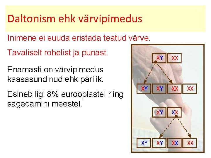 Daltonism ehk värvipimedus Inimene ei suuda eristada teatud värve. Tavaliselt rohelist ja punast. Enamasti