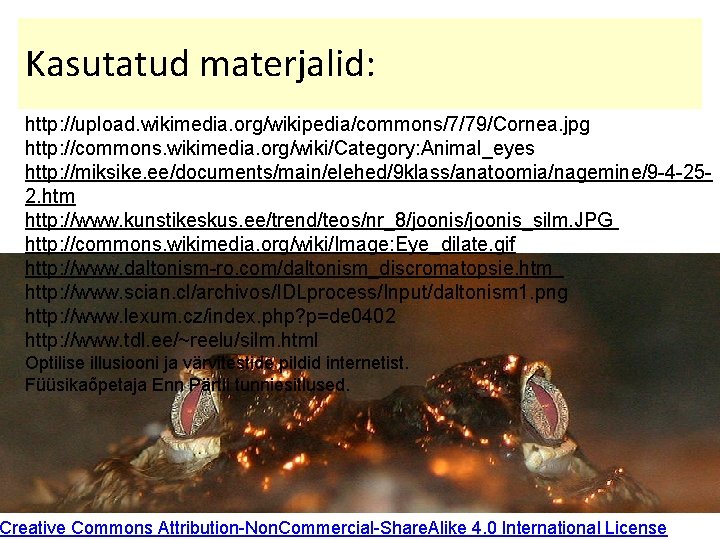 Kasutatud materjalid: http: //upload. wikimedia. org/wikipedia/commons/7/79/Cornea. jpg http: //commons. wikimedia. org/wiki/Category: Animal_eyes http: //miksike.