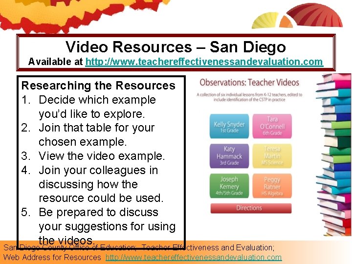 Video Resources – San Diego Available at http: //www. teachereffectivenessandevaluation. com Researching the Resources
