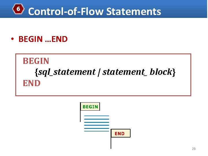 6 Control-of-Flow Statements • BEGIN …END BEGIN {sql_statement | statement_ block} END 23 