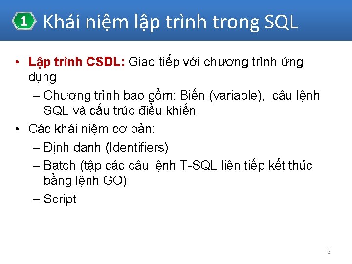 1 Khái niệm lập trình trong SQL • Lập trình CSDL: Giao tiếp với