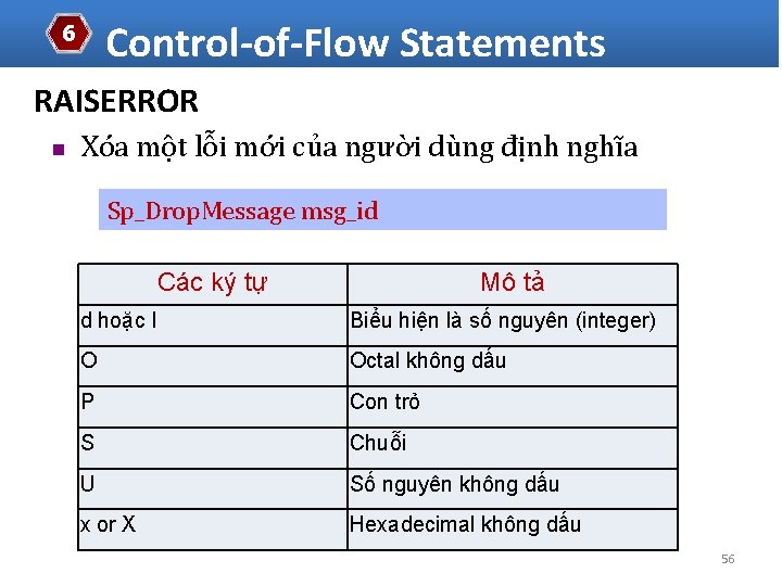 Control-of-Flow Statements 6 RAISERROR n Xóa một lỗi mới của người dùng định nghĩa