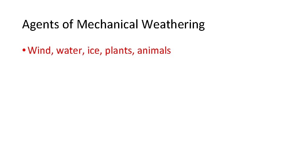 Agents of Mechanical Weathering • Wind, water, ice, plants, animals 