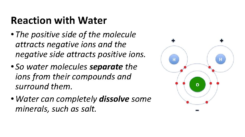 Reaction with Water • The positive side of the molecule attracts negative ions and