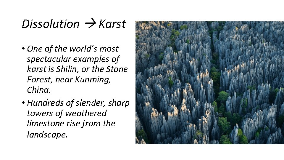 Dissolution Karst • One of the world’s most spectacular examples of karst is Shilin,
