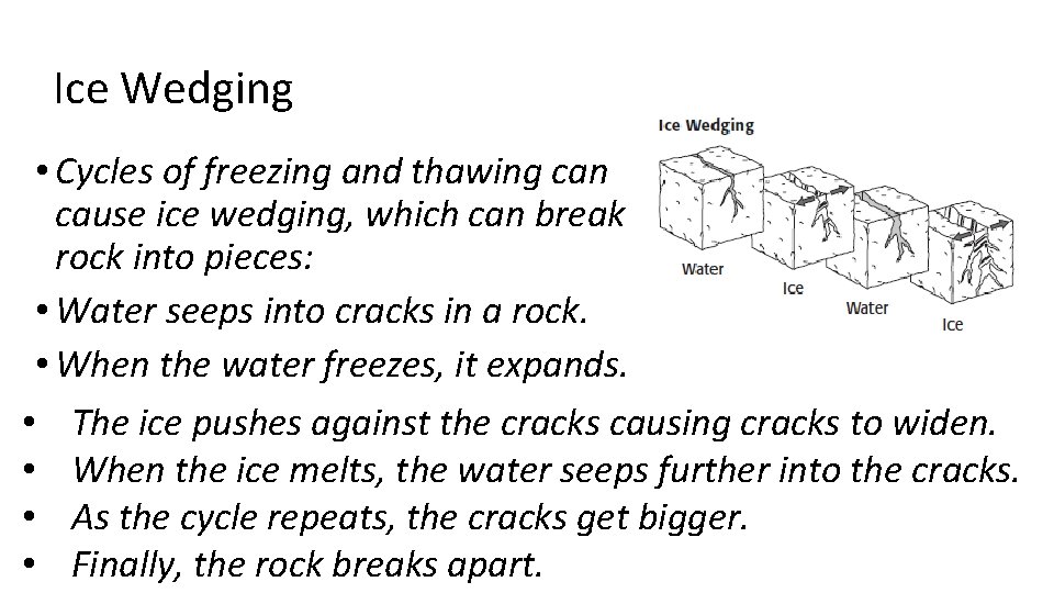 Ice Wedging • Cycles of freezing and thawing can cause ice wedging, which can