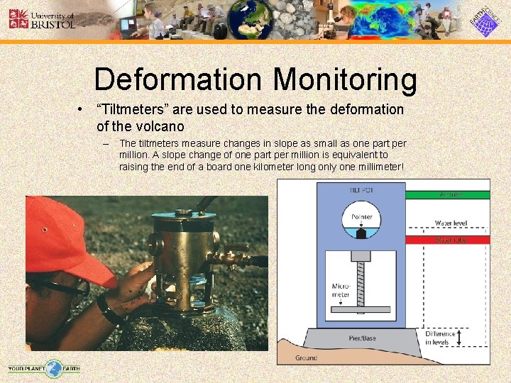 Deformation Monitoring • “Tiltmeters” are used to measure the deformation of the volcano –