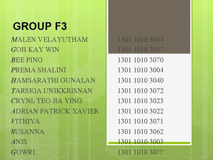 GROUP F 3 MALEN VELAYUTHAM GOH KAY WIN BEE PING PREMA SHALINI HAMSARATHI GUNALAN GROUP F 3 MALEN VELAYUTHAM GOH KAY WIN BEE PING PREMA SHALINI HAMSARATHI GUNALAN