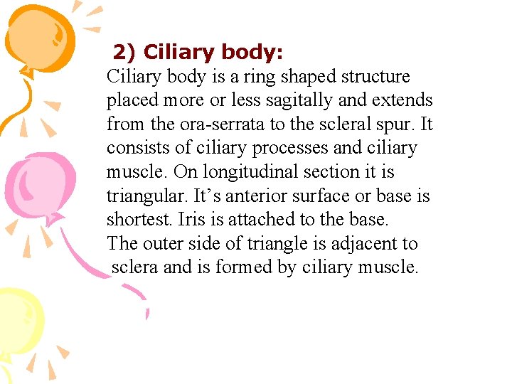 2) Ciliary body: Ciliary body is a ring shaped structure placed more or less 2) Ciliary body: Ciliary body is a ring shaped structure placed more or less