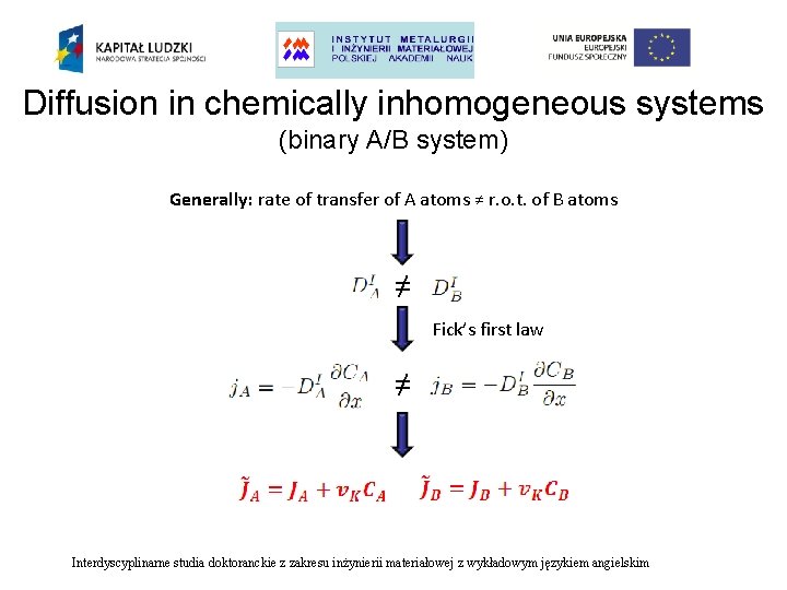 Diffusion in chemically inhomogeneous systems (binary A/B system) Generally: rate of transfer of A