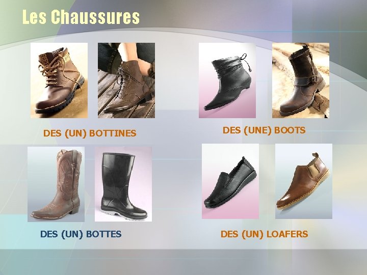 Les Chaussures DES (UN) BOTTINES DES (UN) BOTTES DES (UNE) BOOTS DES (UN) LOAFERS