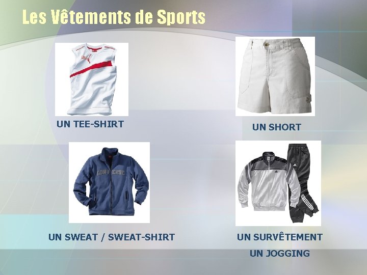 Les Vêtements de Sports UN TEE-SHIRT UN SWEAT / SWEAT-SHIRT UN SHORT UN SURVÊTEMENT