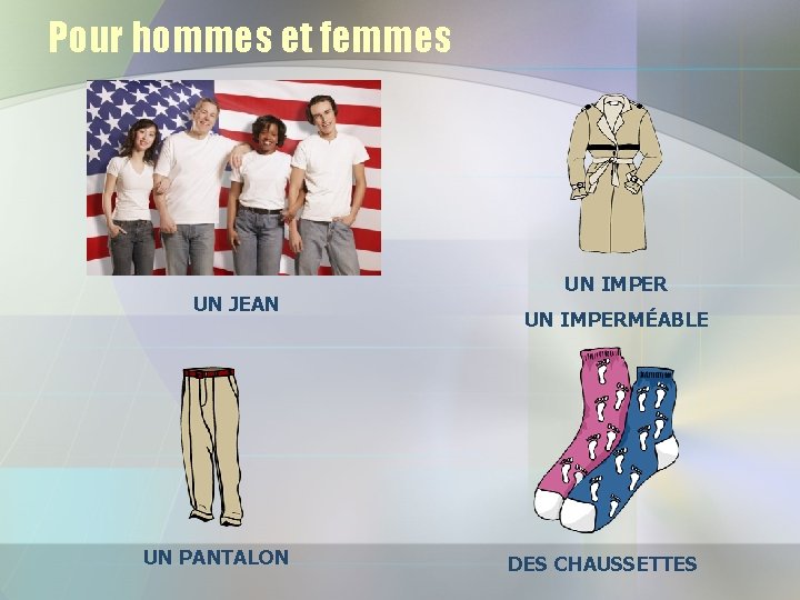 Pour hommes et femmes UN JEAN UN PANTALON UN IMPERMÉABLE DES CHAUSSETTES 