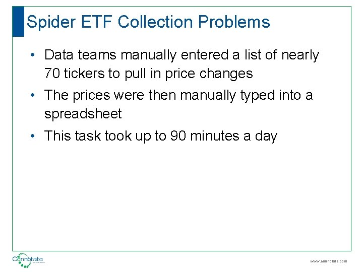 Spider ETF Collection Problems • Data teams manually entered a list of nearly 70