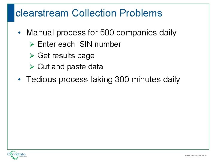 clearstream Collection Problems • Manual process for 500 companies daily Ø Enter each ISIN