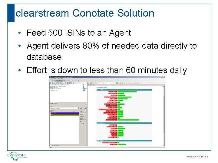 clearstream Conotate Solution • Feed 500 ISINs to an Agent • Agent delivers 80%