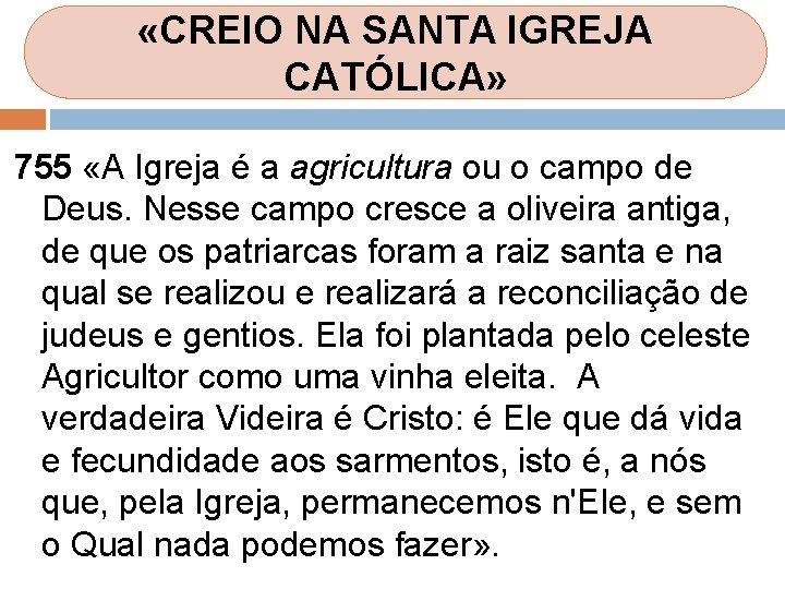 «CREIO NA SANTA IGREJA CATÓLICA» 755 «A Igreja é a agricultura ou o «CREIO NA SANTA IGREJA CATÓLICA» 755 «A Igreja é a agricultura ou o