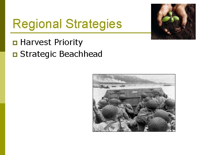 Regional Strategies Harvest Priority p Strategic Beachhead p 