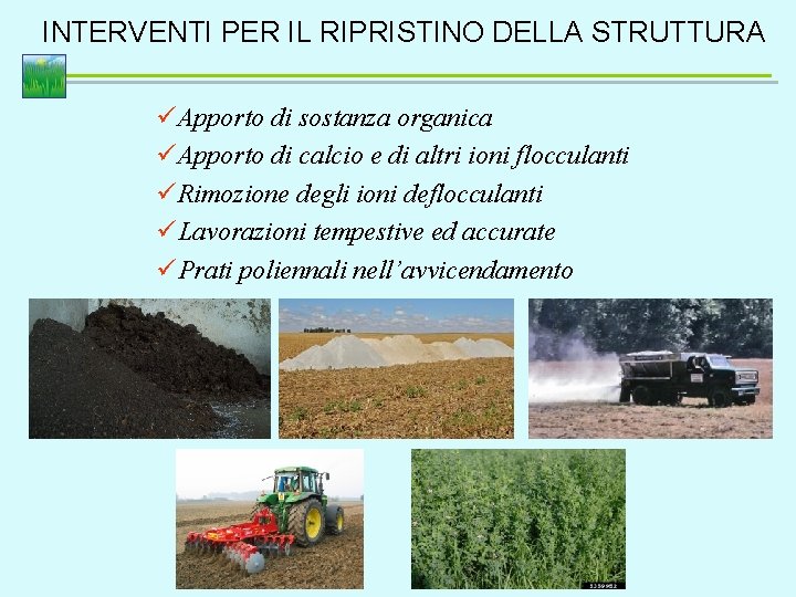 INTERVENTI PER IL RIPRISTINO DELLA STRUTTURA üApporto di sostanza organica üApporto di calcio e