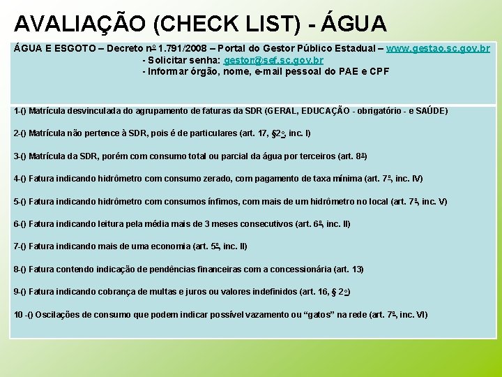 AVALIAÇÃO (CHECK LIST) - ÁGUA E ESGOTO – Decreto nº 1. 791/2008 – Portal