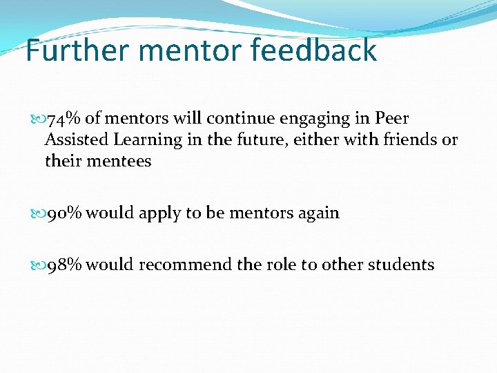 Further mentor feedback 74% of mentors will continue engaging in Peer Assisted Learning in