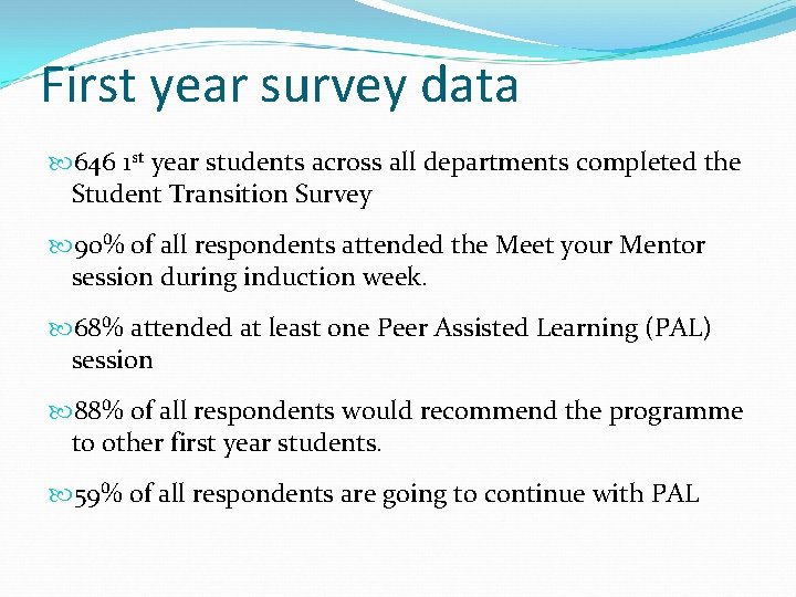First year survey data 646 1 st year students across all departments completed the