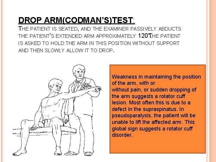 DROP ARM(CODMAN’S)TEST: THE PATIENT IS SEATED, AND THE EXAMINER PASSIVELY ABDUCTS THE PATIENT’S EXTENDED