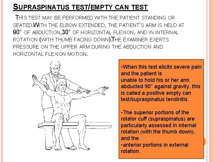 SUPRASPINATUS TEST/EMPTY CAN TEST: THIS TEST MAY BE PERFORMED WITH THE PATIENT STANDING OR