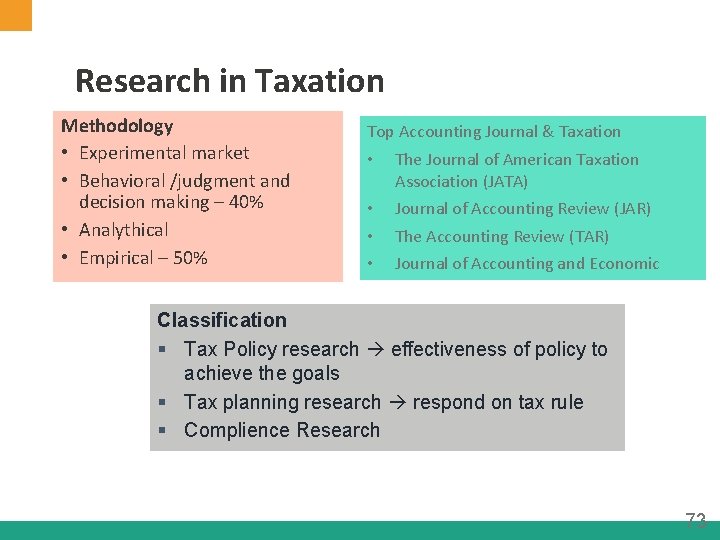 Research in Taxation Methodology • Experimental market • Behavioral /judgment and decision making –