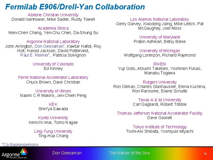 Fermilab E 906/Drell-Yan Collaboration Abilene Christian University Donald Isenhower, Mike Sadler, Rusty Towell Academia