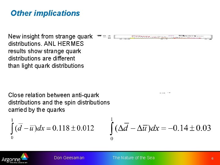 Other implications New insight from strange quark distributions. ANL HERMES results show strange quark